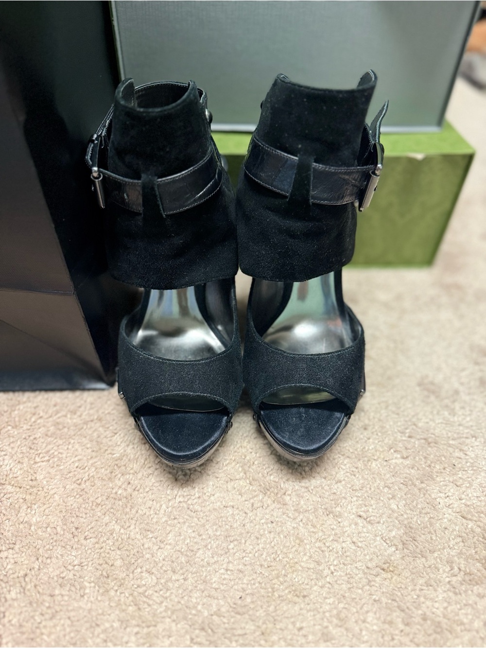 Guess by Marciano Black Suede Ankle Strap Peep-Toe Heels